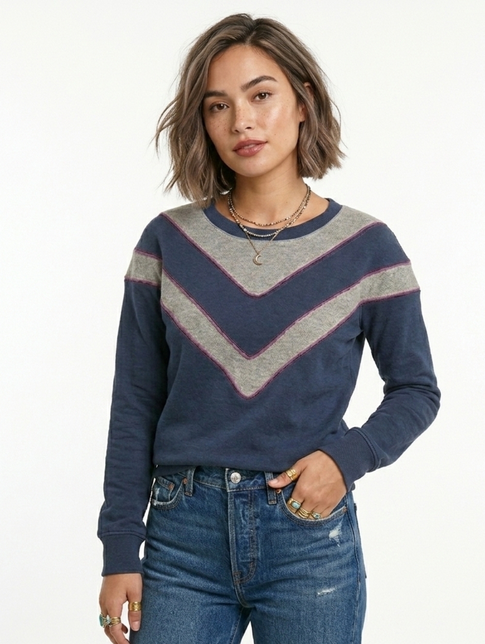 Maeve Navy Grey Pink Chevron Sweatshirt - Small